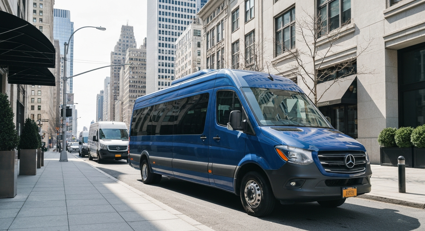 Passenger sprinter van near a premium hotel in New York City