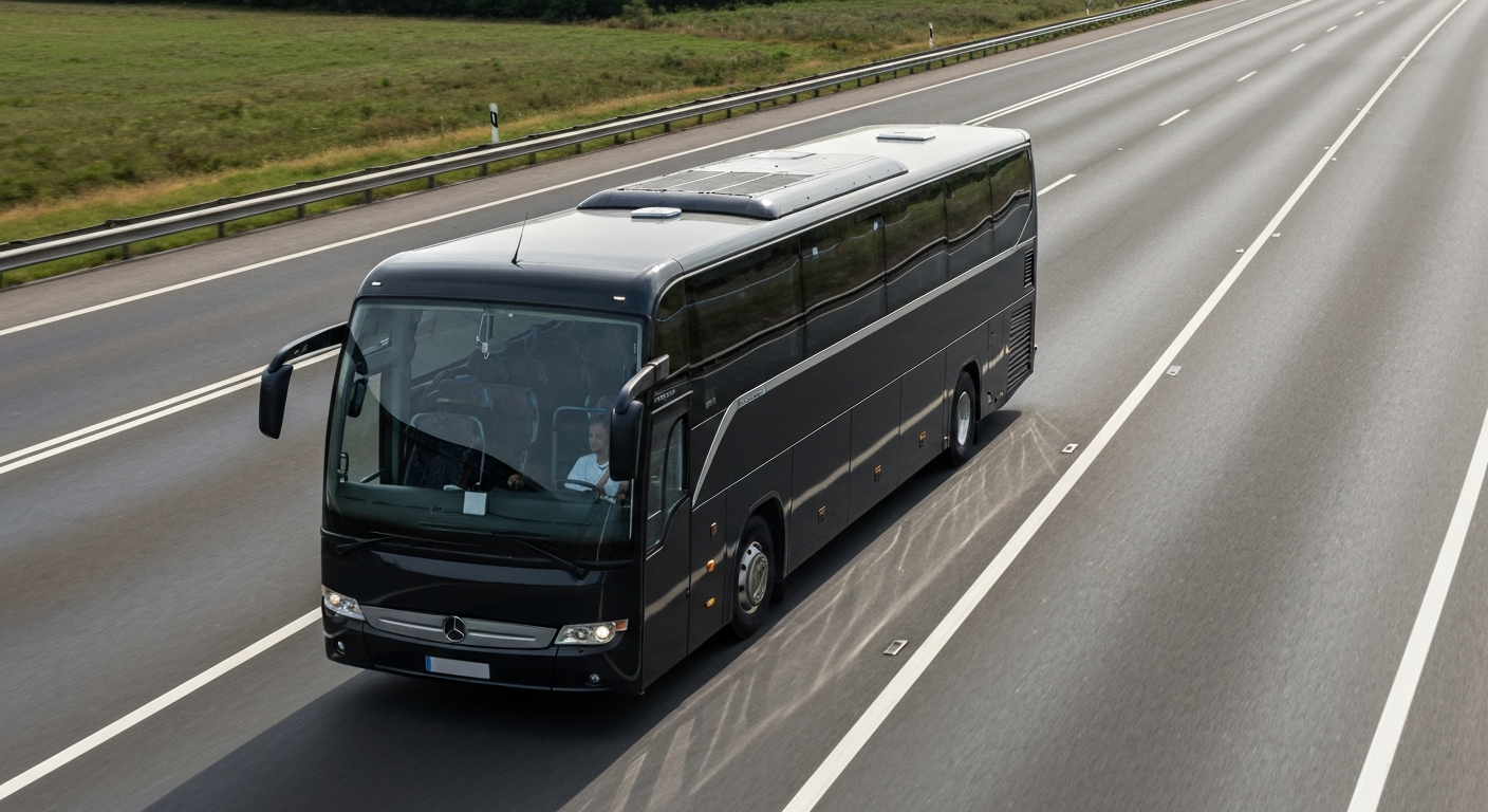 Modern luxury coach bus driving on a scenic highway