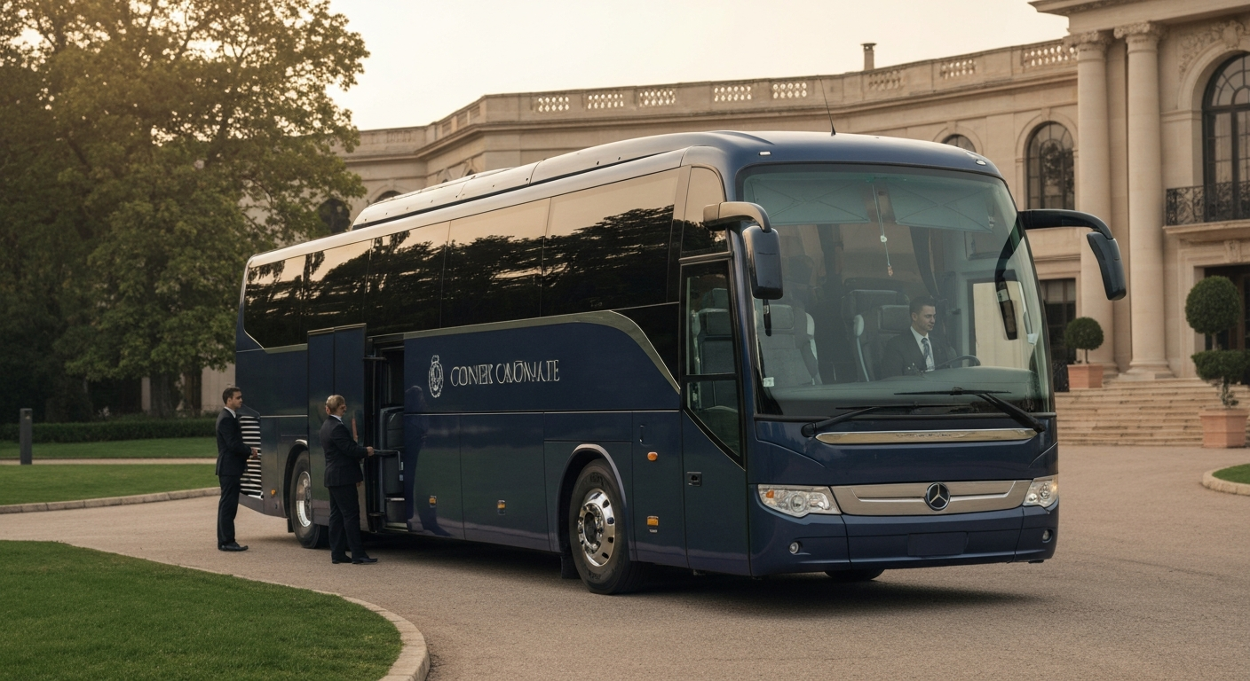 Coach bus arriving at event