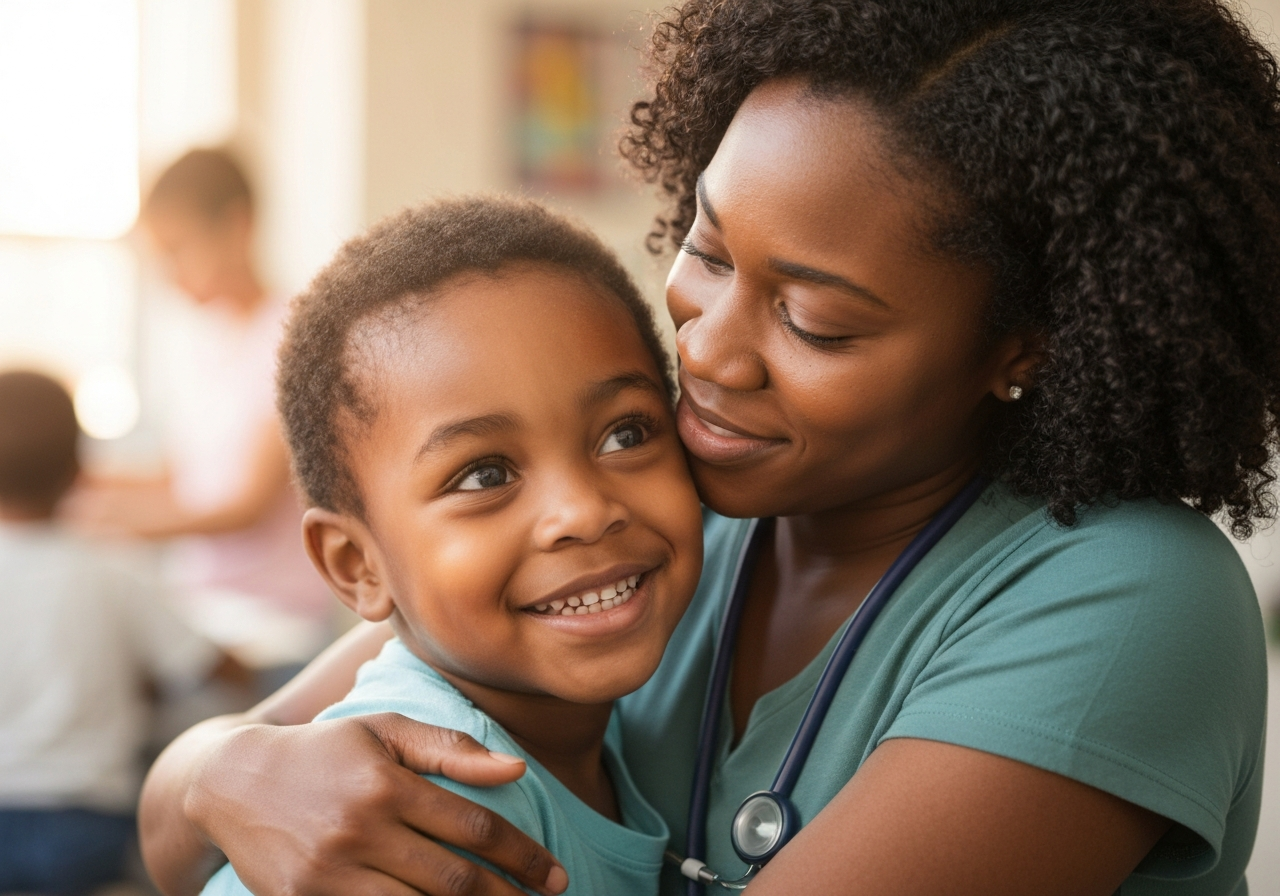 Social worker hugging a child