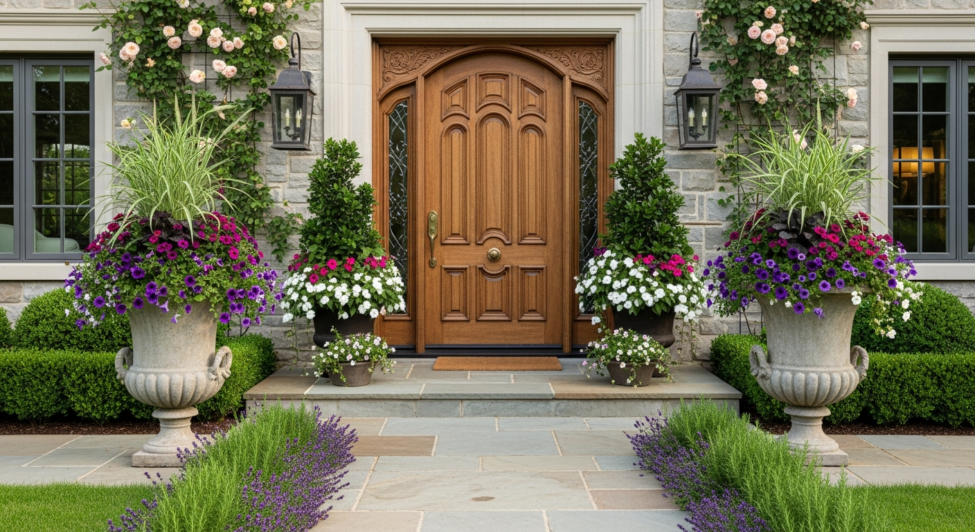 Luxury seasonal planter display at a beautiful home entrance