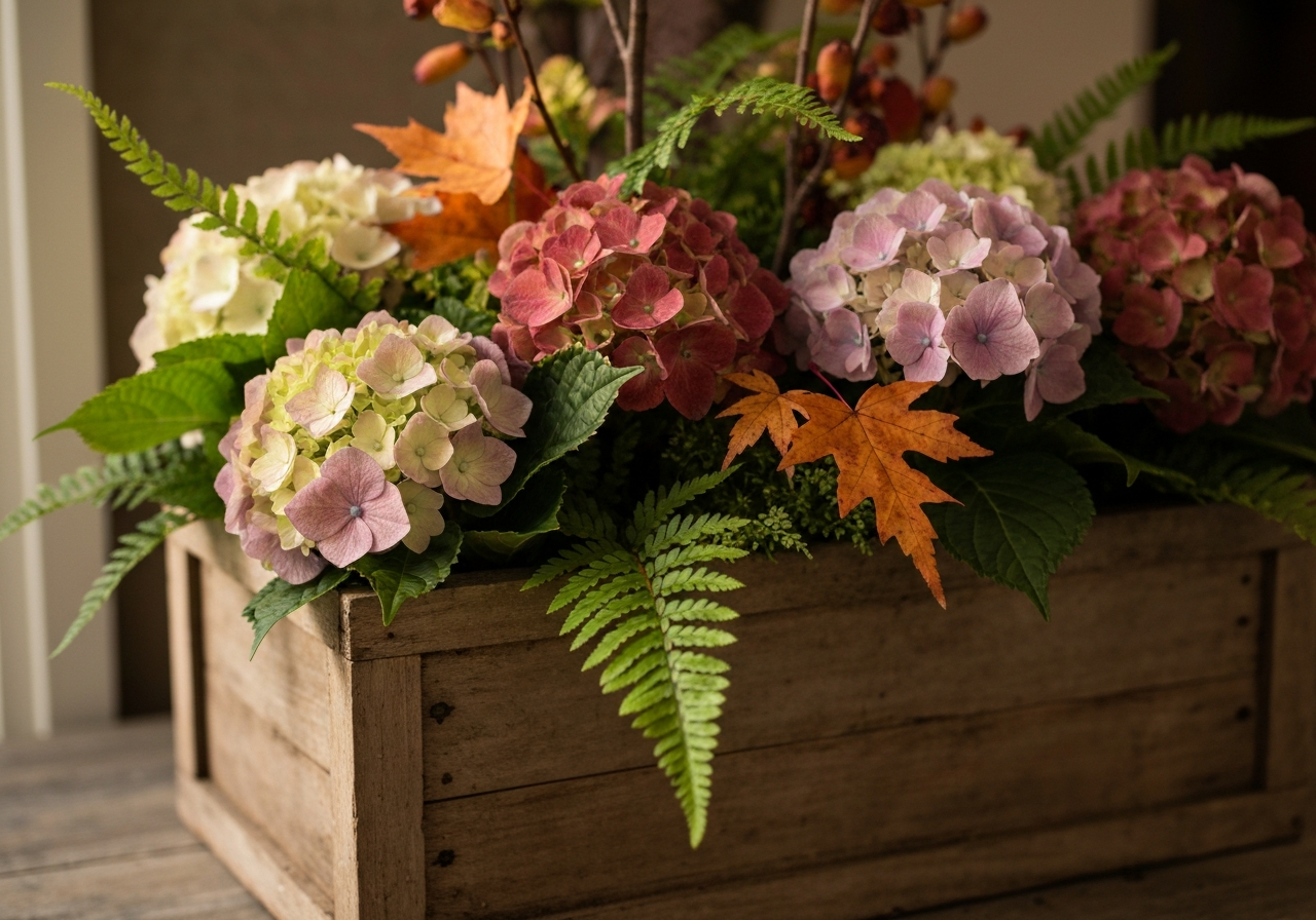 Beautifully curated seasonal planter with rich textures