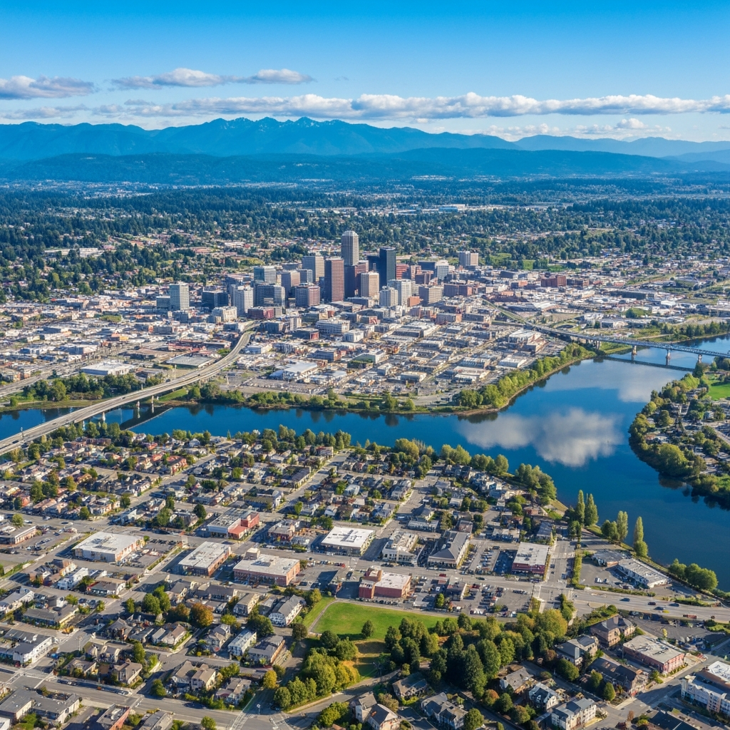 Aerial view of Everett, WA — ductless heat pump service area