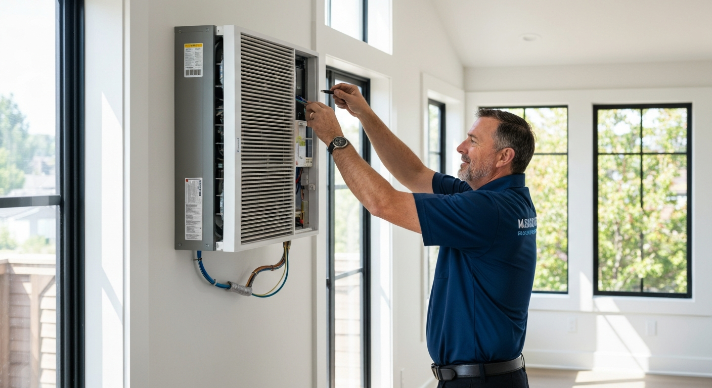 HVAC technician installing a mini split system in a Seattle home