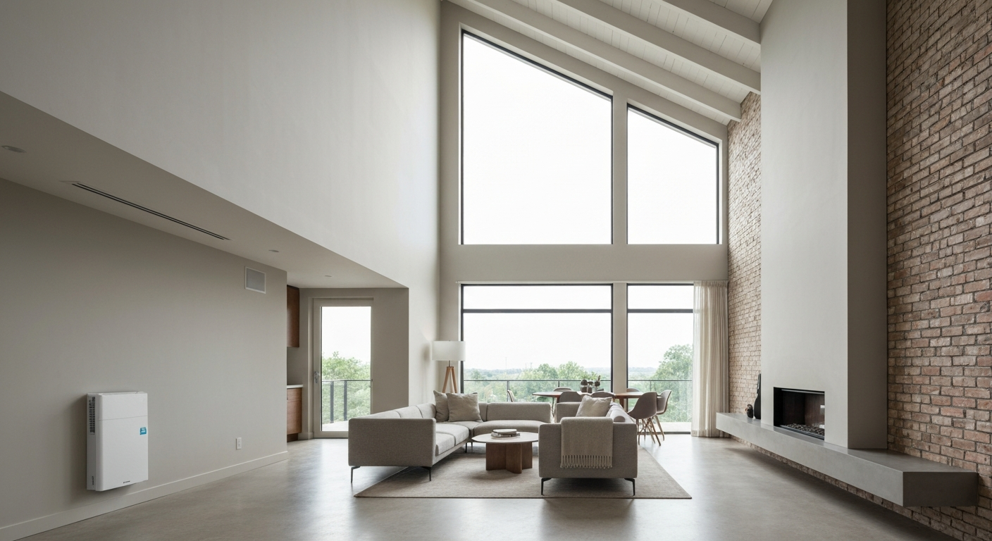 Modern living room being sized for a mini split installation