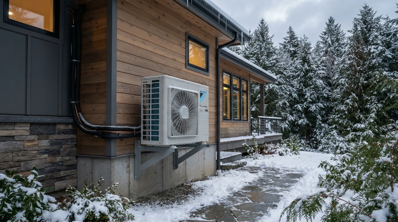 Ductless mini split outdoor unit operating during a Seattle winter with light snow