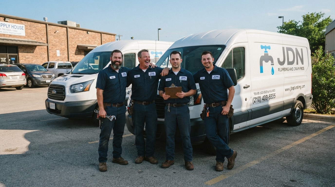JDN Plumbing team standing together in front of their service vans