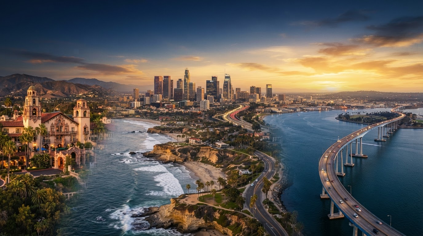 Southern California landmarks: Riverside Mission Inn, Orange County coast, downtown Los Angeles skyline, and San Diego Coronado Bay Bridge at golden hour