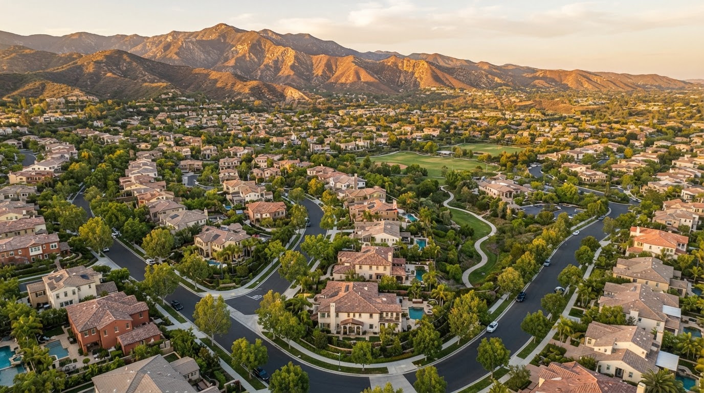 Aerial view of a well-maintained Southern California residential community at golden hour with foothills in the background