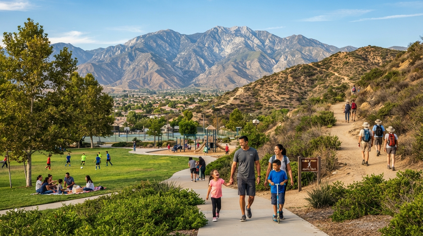 Outdoor lifestyle scene in Beaumont California with hiking trails, parks, and mountains in the background