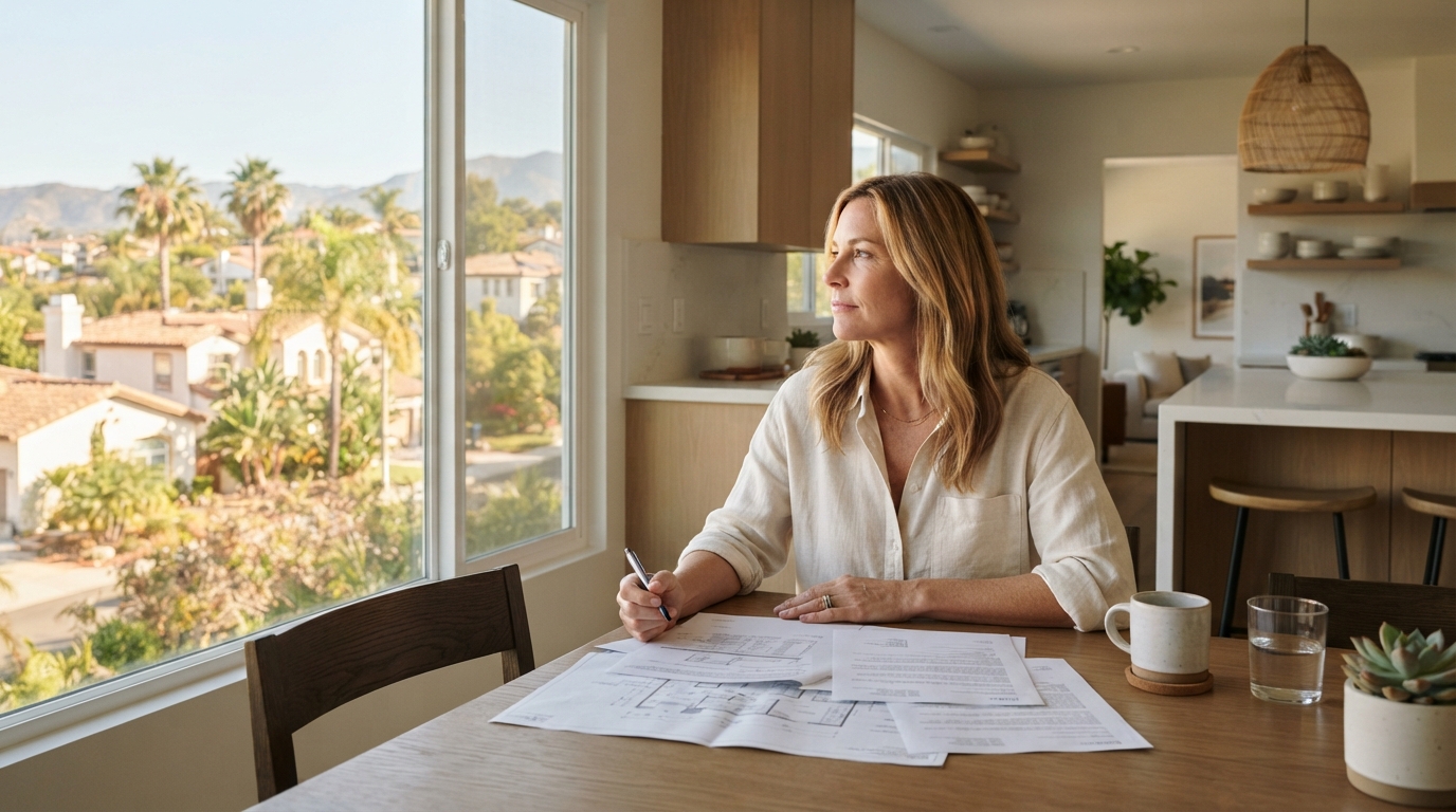 Southern California homeowner reviewing documents at a kitchen table, thoughtfully considering whether to sell