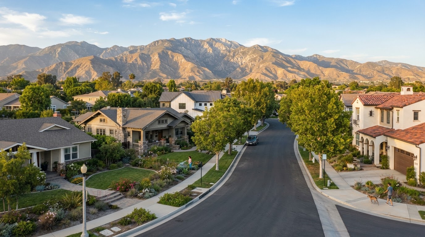 Charming Southern California neighborhood in Beaumont with diverse home styles, tree-lined streets, and mountain views