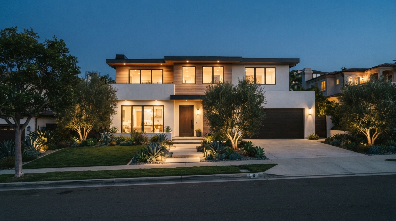 Modern Southern California home exterior at dusk with warm interior lights and clean landscaping