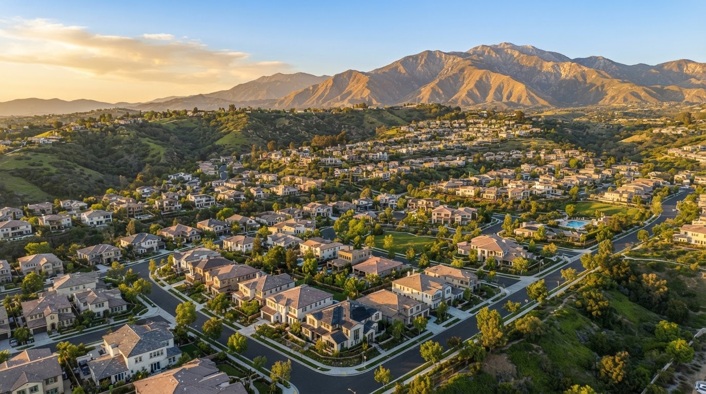 Aerial view of Beaumont California residential community with rolling hills and mountains in the distance