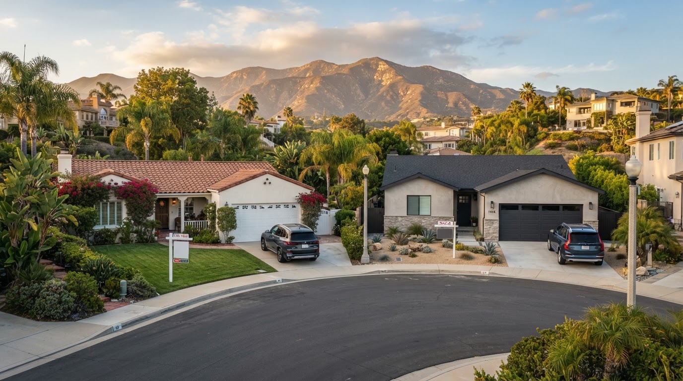 Two Southern California homes connected by a winding suburban street at golden hour, representing selling before buying
