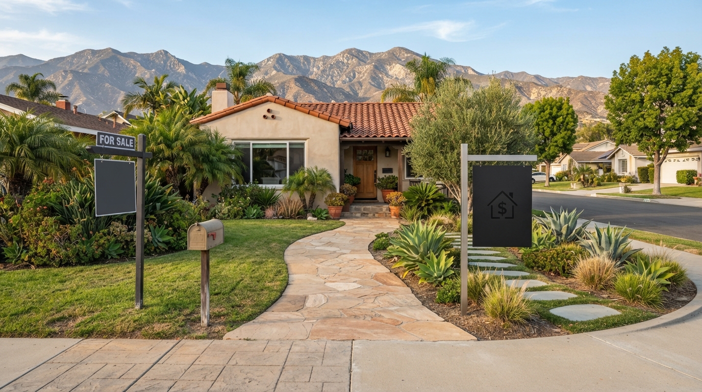 Southern California home shown with two selling paths: a traditional for sale sign and a cash offer concept
