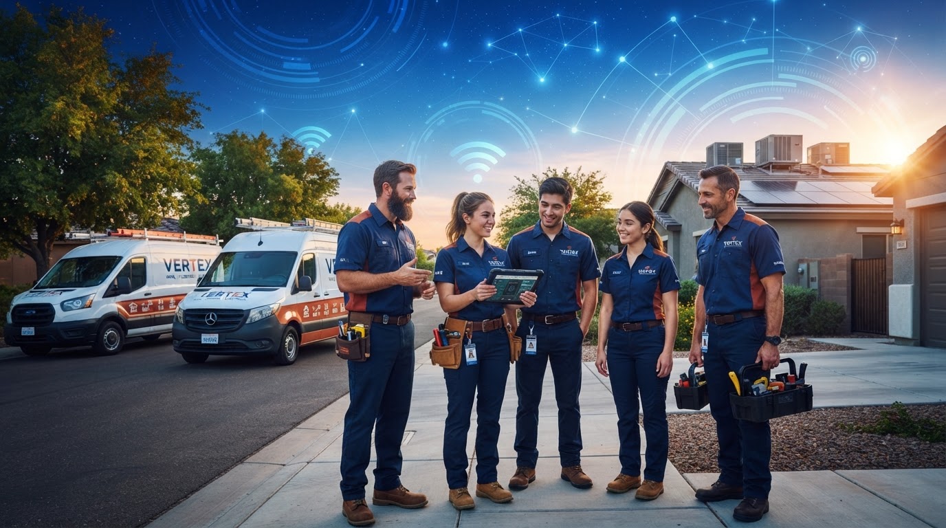 Home service professionals collaborating at dawn with AI signal overlays