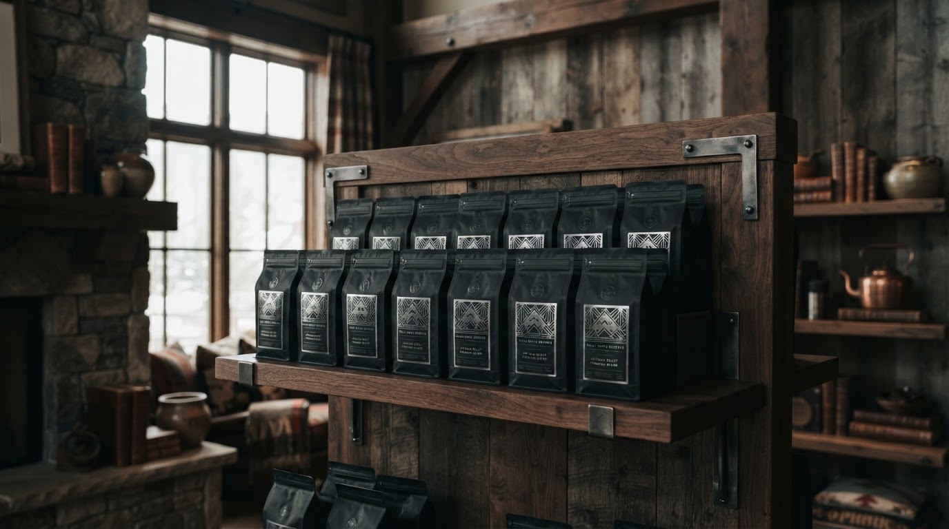 Silver Mug coffee displayed on dark walnut shelves in a Western store