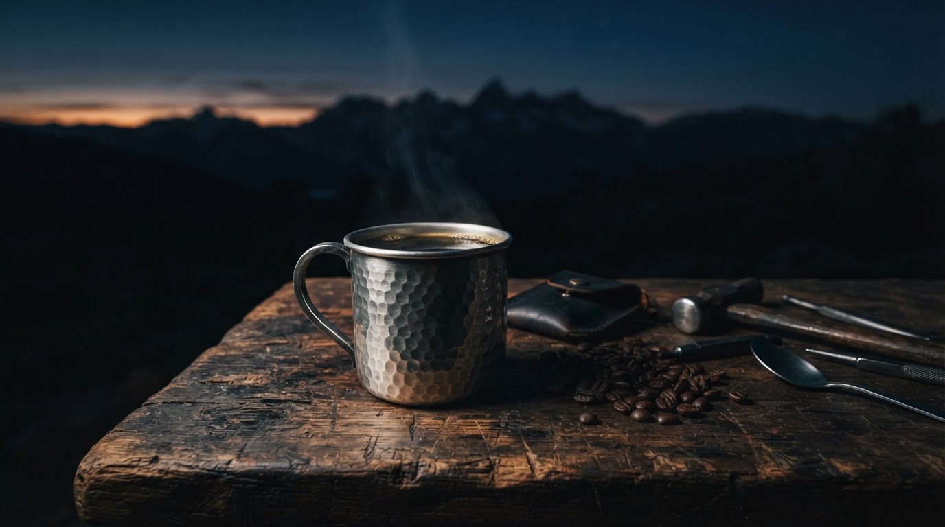 Hammered silver camp mug filled with coffee on a blacksmith's bench before dawn