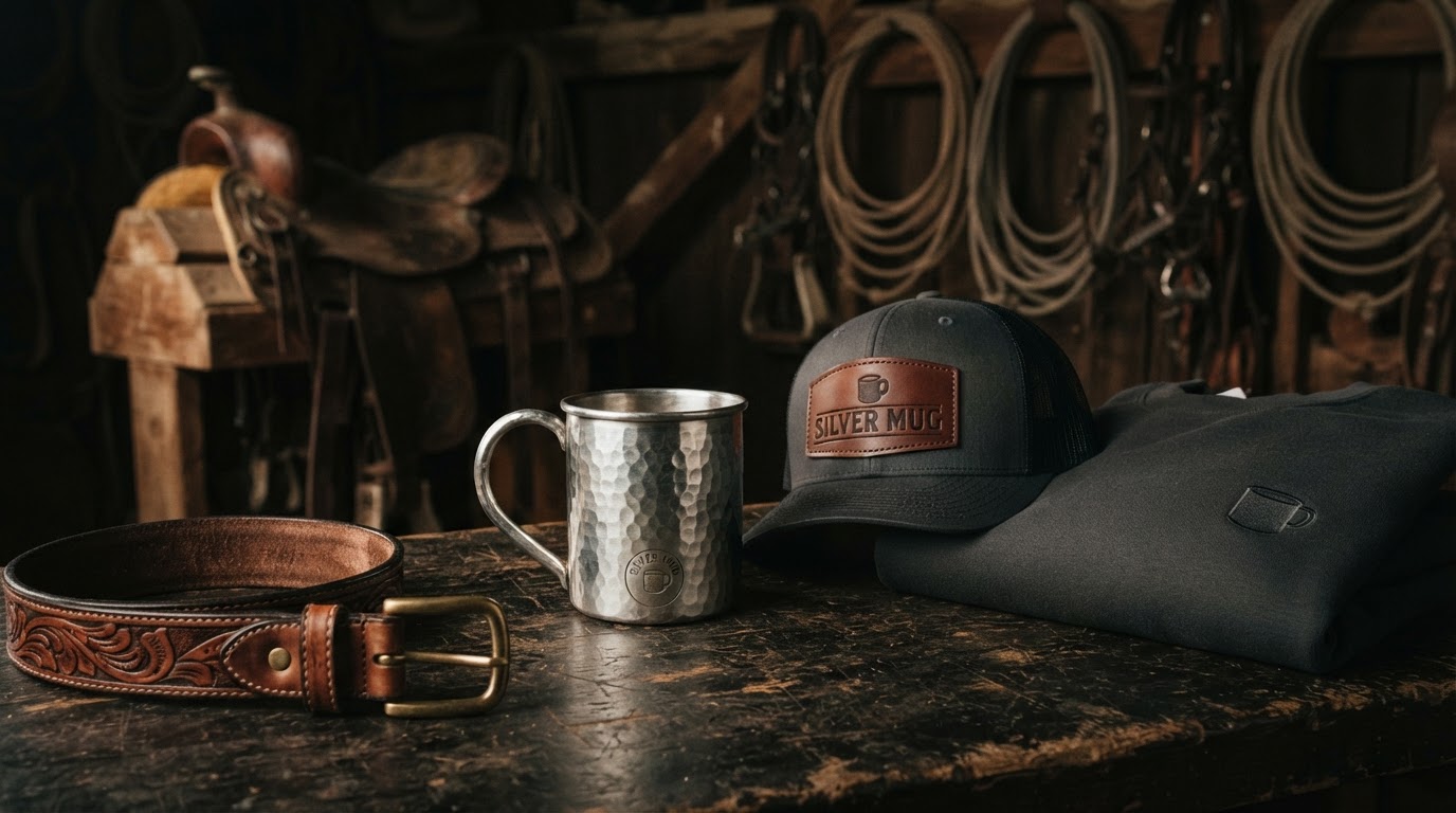 Silver Mug camp mug, trucker hat and charcoal sweatshirt on a workbench