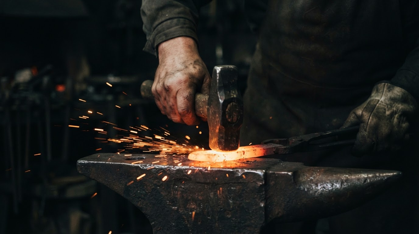 Blacksmith shaping glowing steel on an anvil