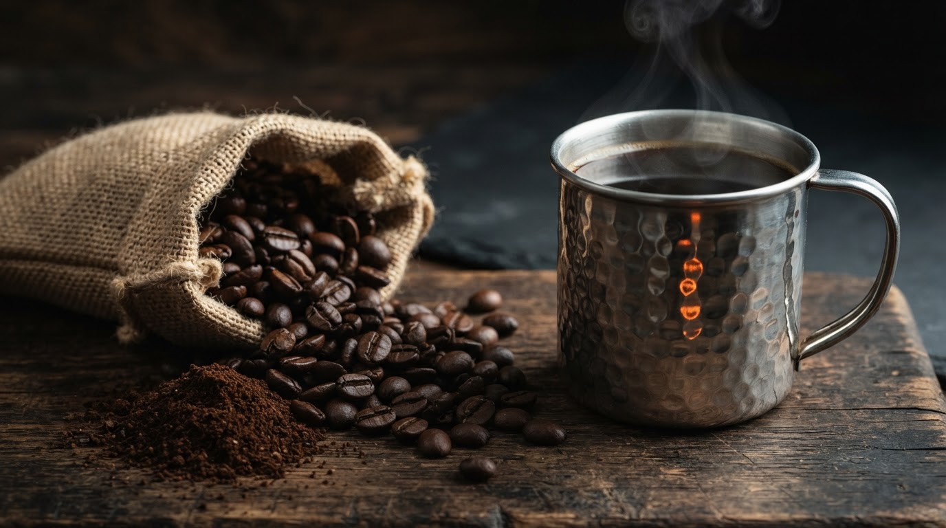 Fresh roasted coffee beans beside a hammered camp mug