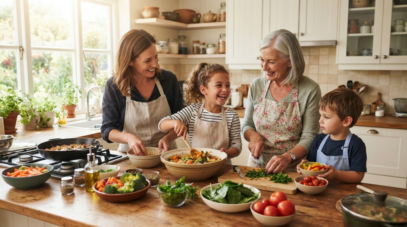 A multi-generational family cooking a healthy meal together in a bright kitchen, with a young girl stirring a bowl