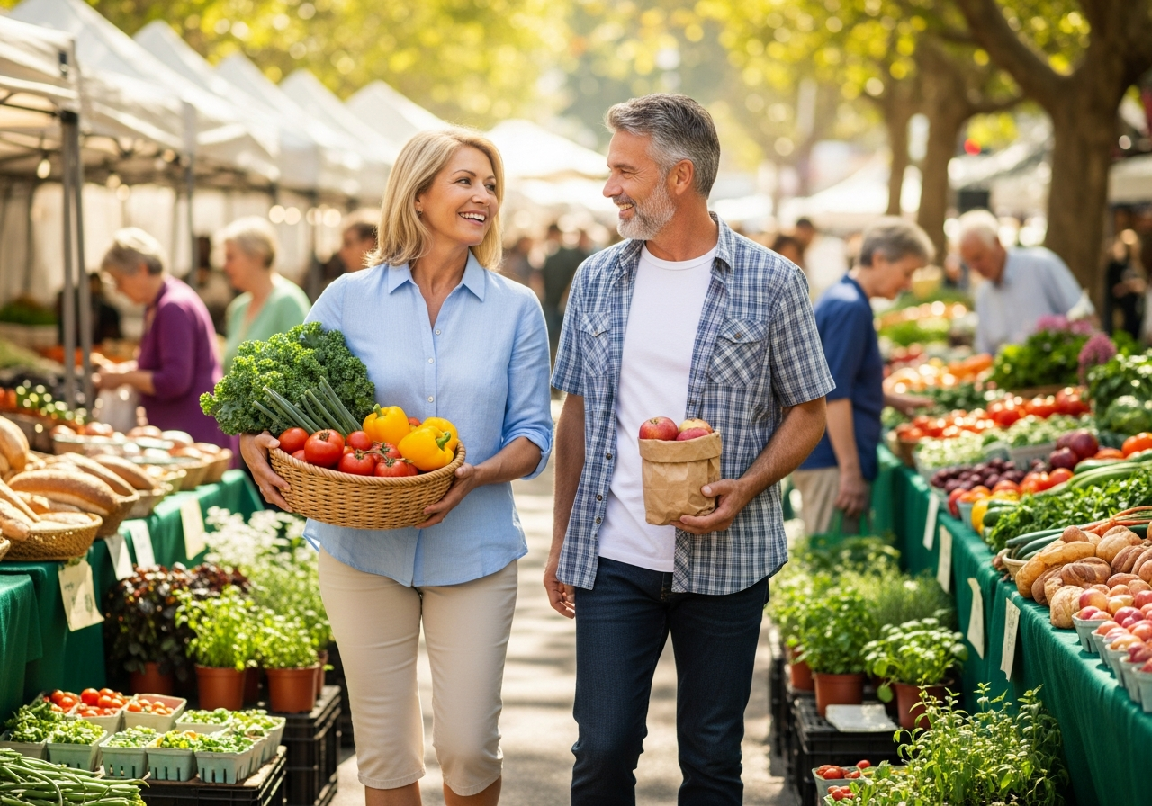 Middle-aged couple walking through a farmer's market