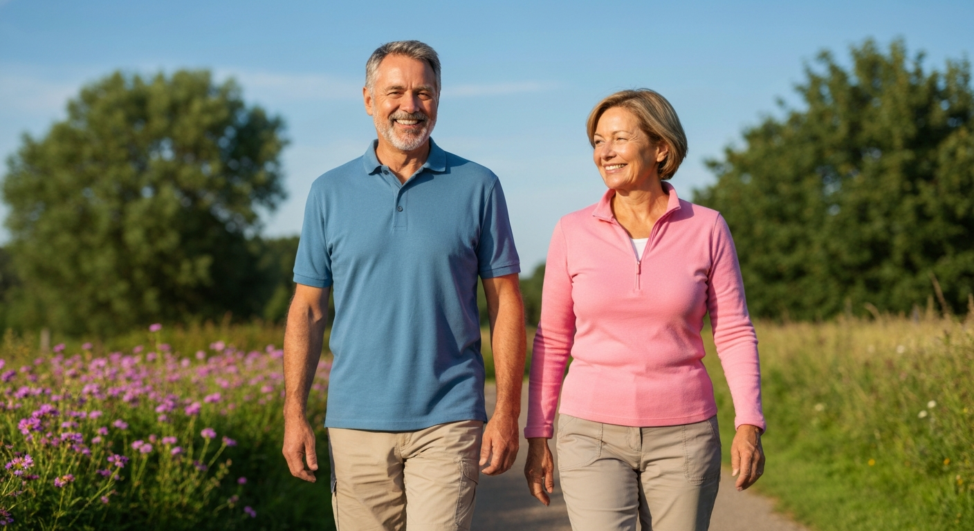 Couple enjoying a peaceful morning walk in nature