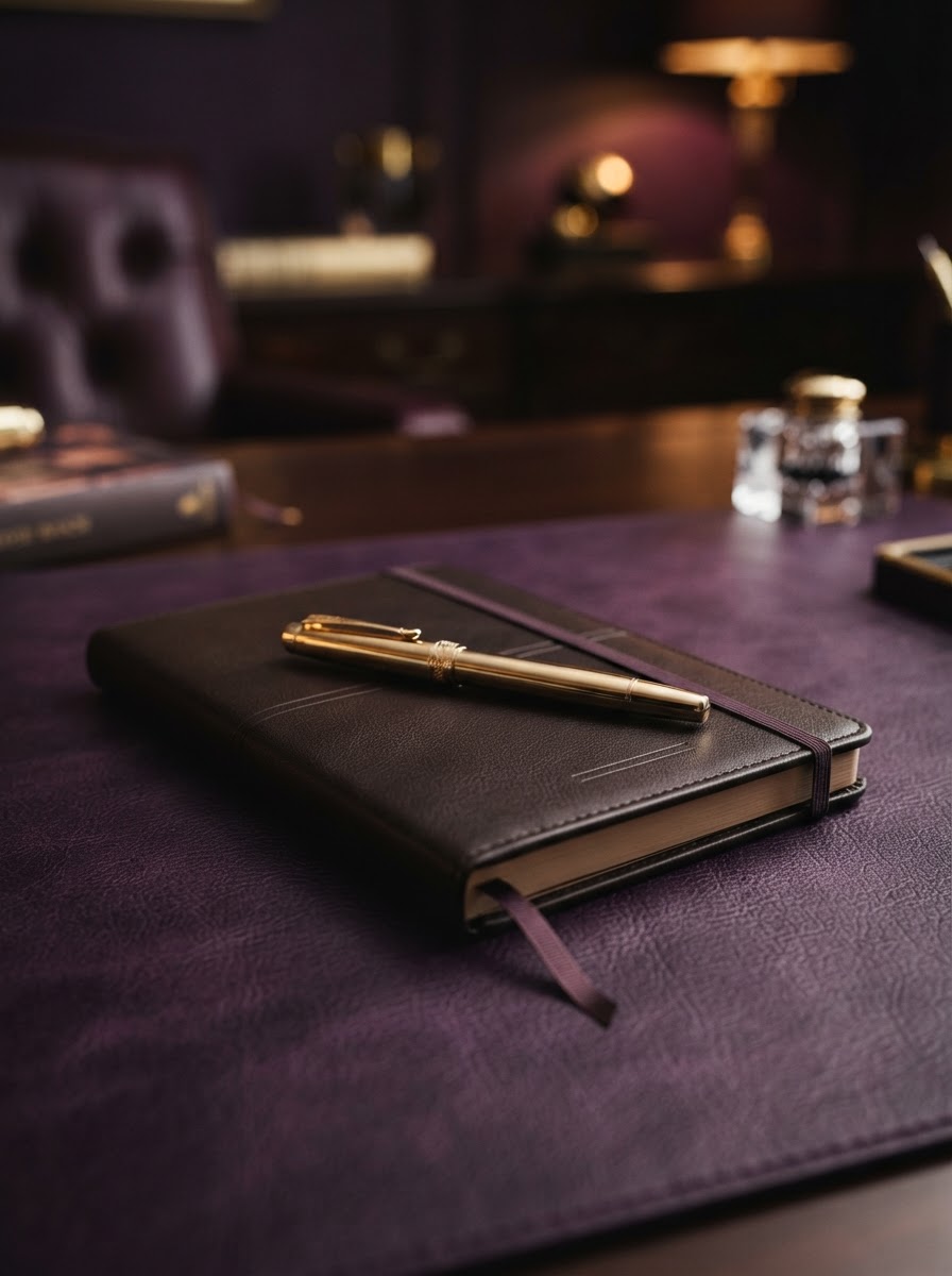 Refined leather notebook and gold pen on a deep purple desk