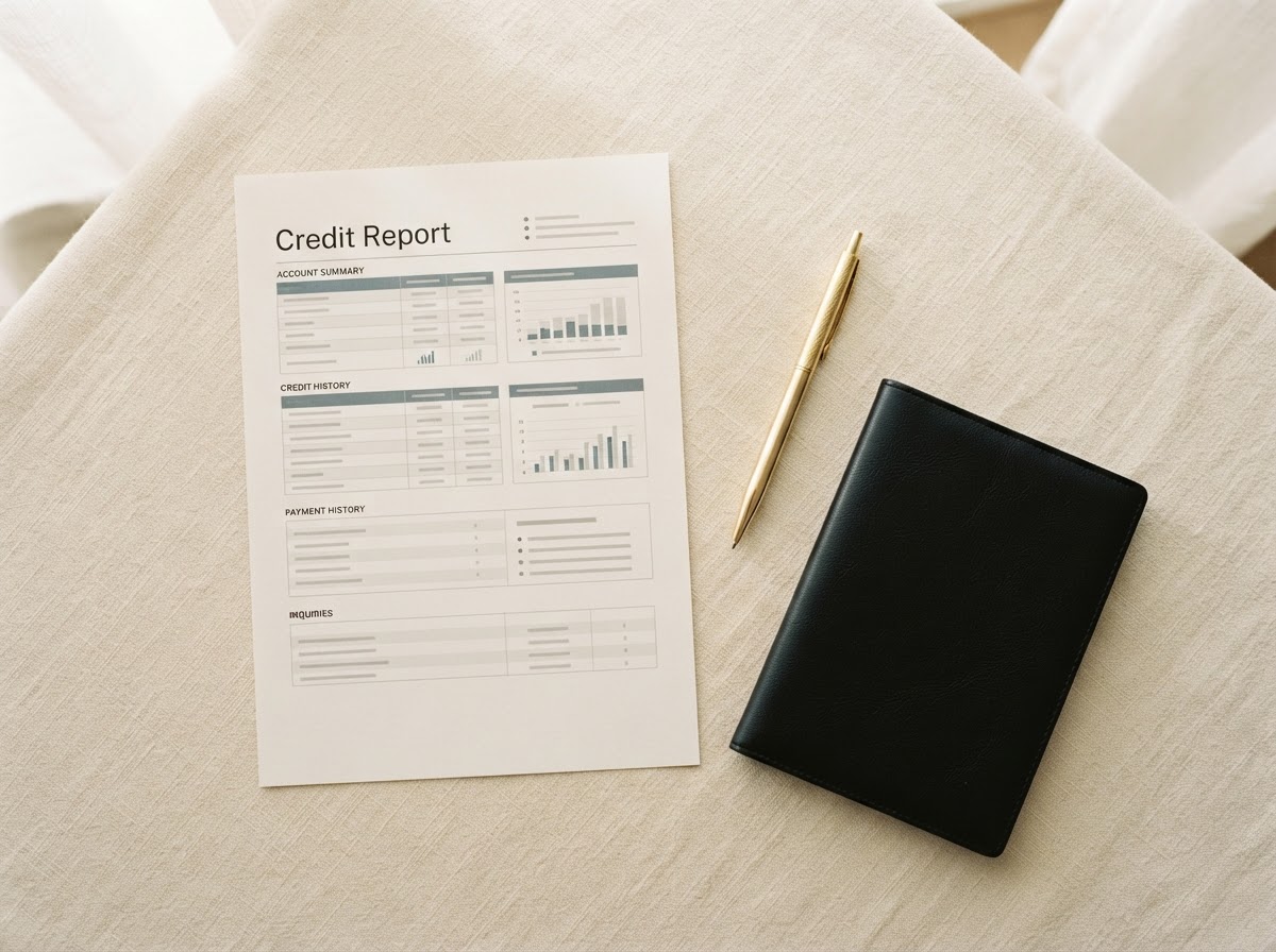 Printed credit report and gold pen arranged on a warm cream surface