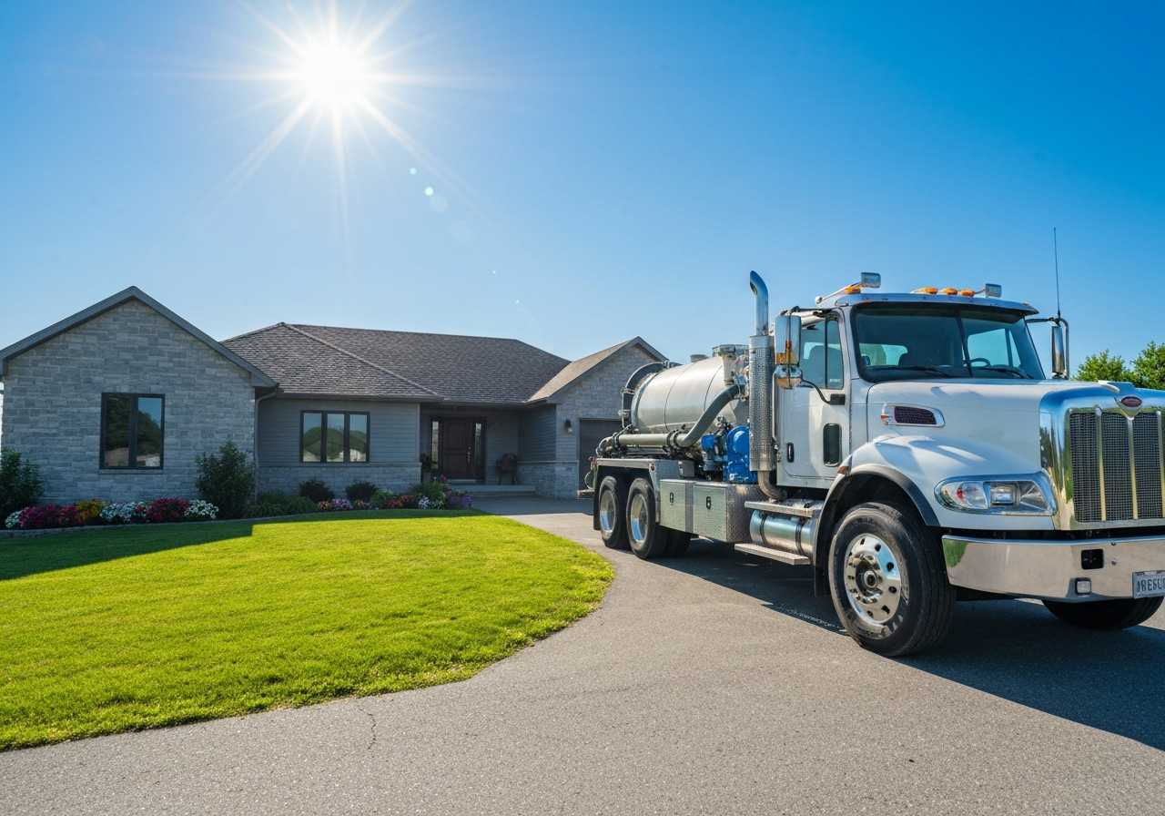 Professional septic tank pumping truck parked at a residential home