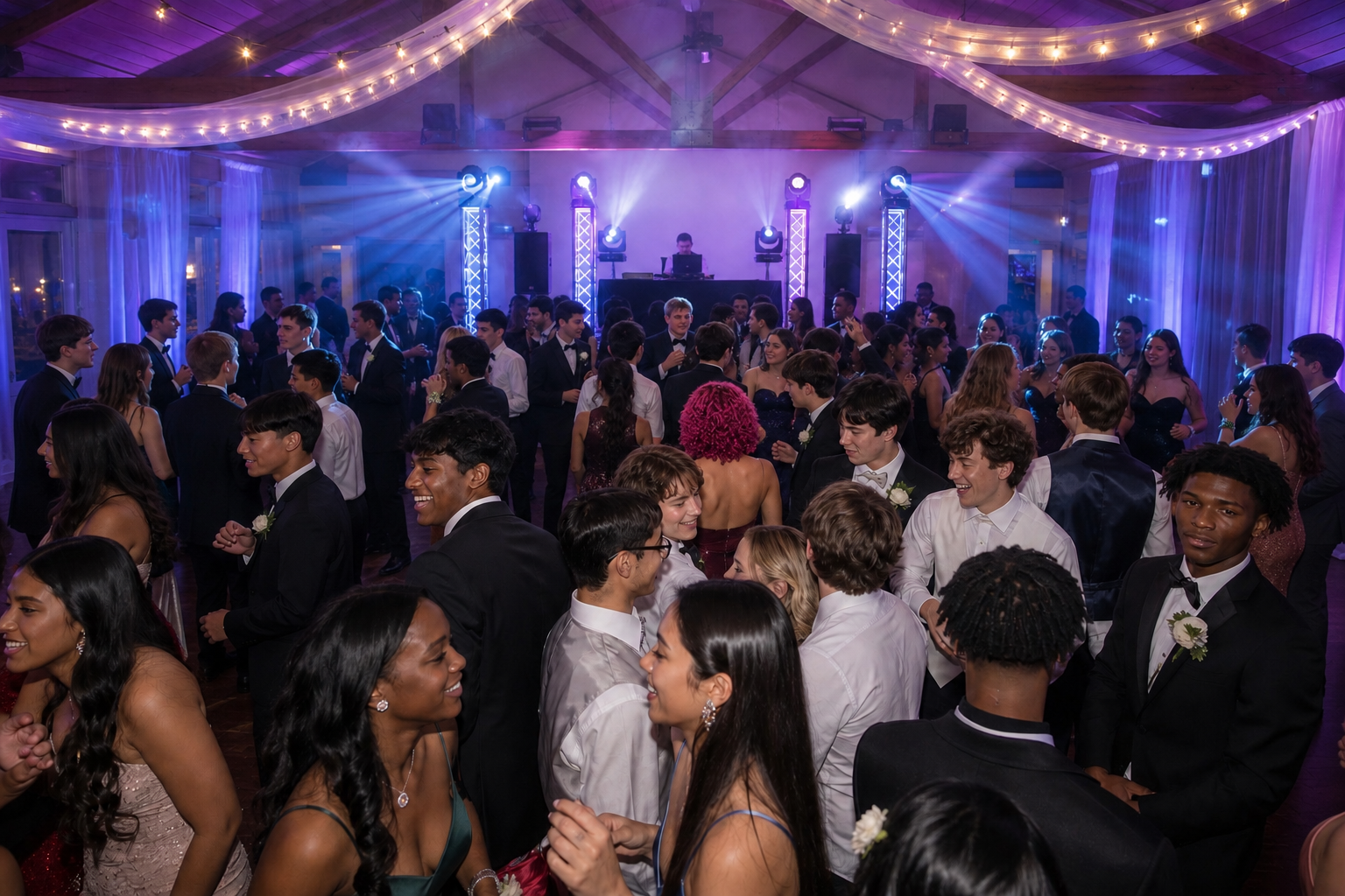 Prom night dance floor with students in formal attire