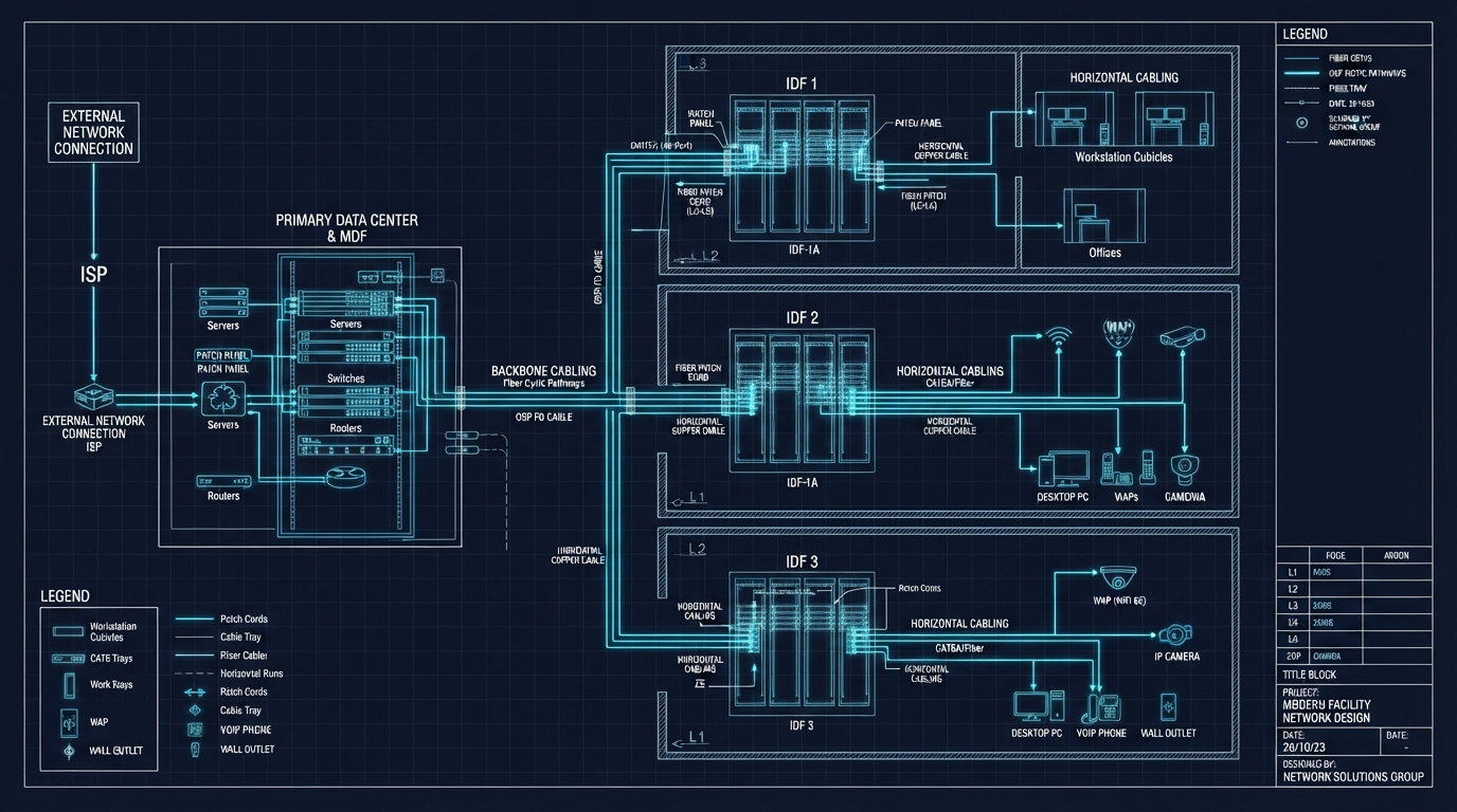 Telecommunications network design blueprint with structured cabling architecture