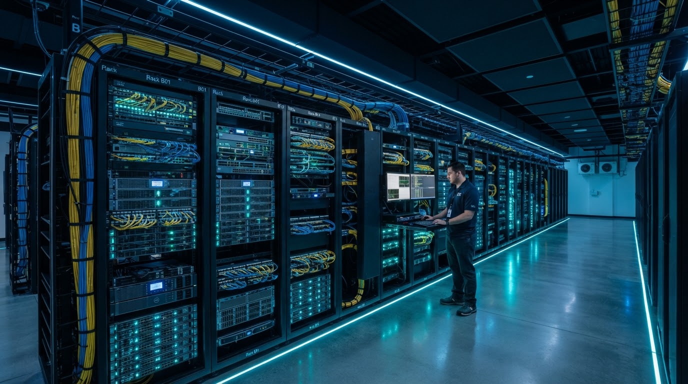 Network engineering server room with rows of server racks and cable management