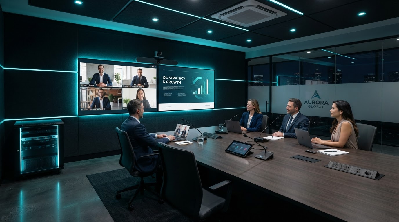 Modern conference room with integrated audio visual systems and large display screens