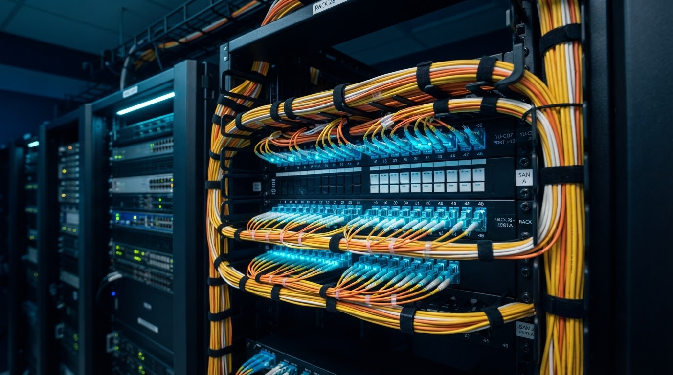 Fiber optic cabling installation with organized cable management in a data center