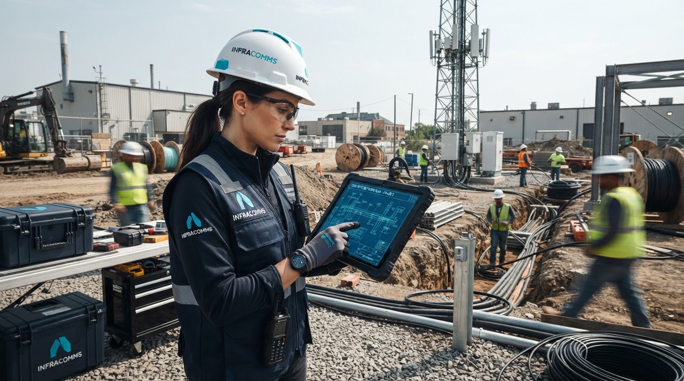 Telecommunications project management with infrastructure installation and blueprint review
