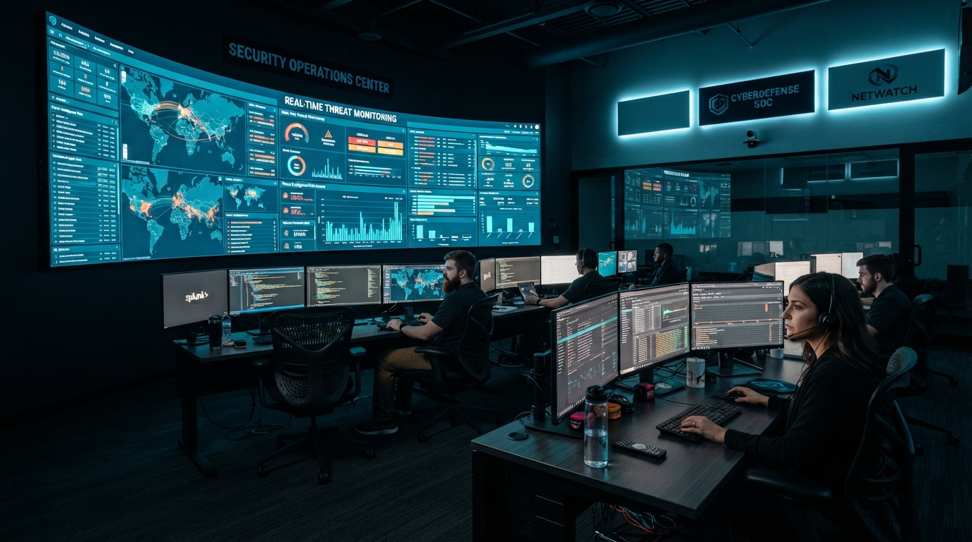 Network security operations center with monitoring dashboards and security alerts