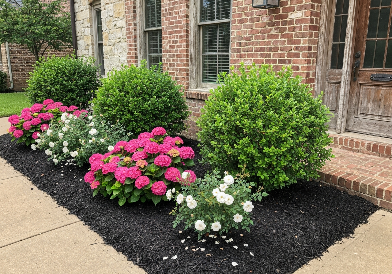 New flower bed installation with fresh mulch and shrubs in Rancho Viejo TX