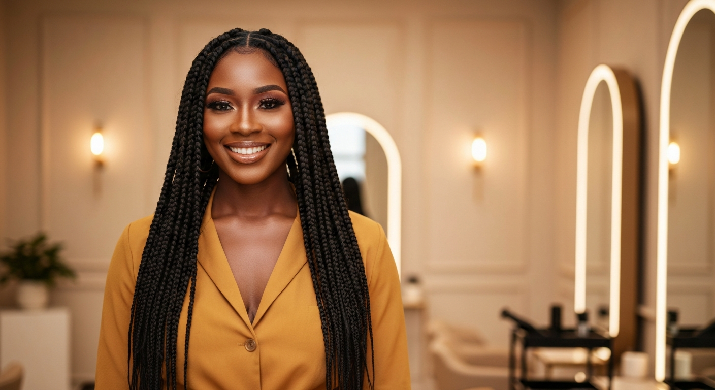 Beautiful black woman with long knotless braids in a luxurious salon