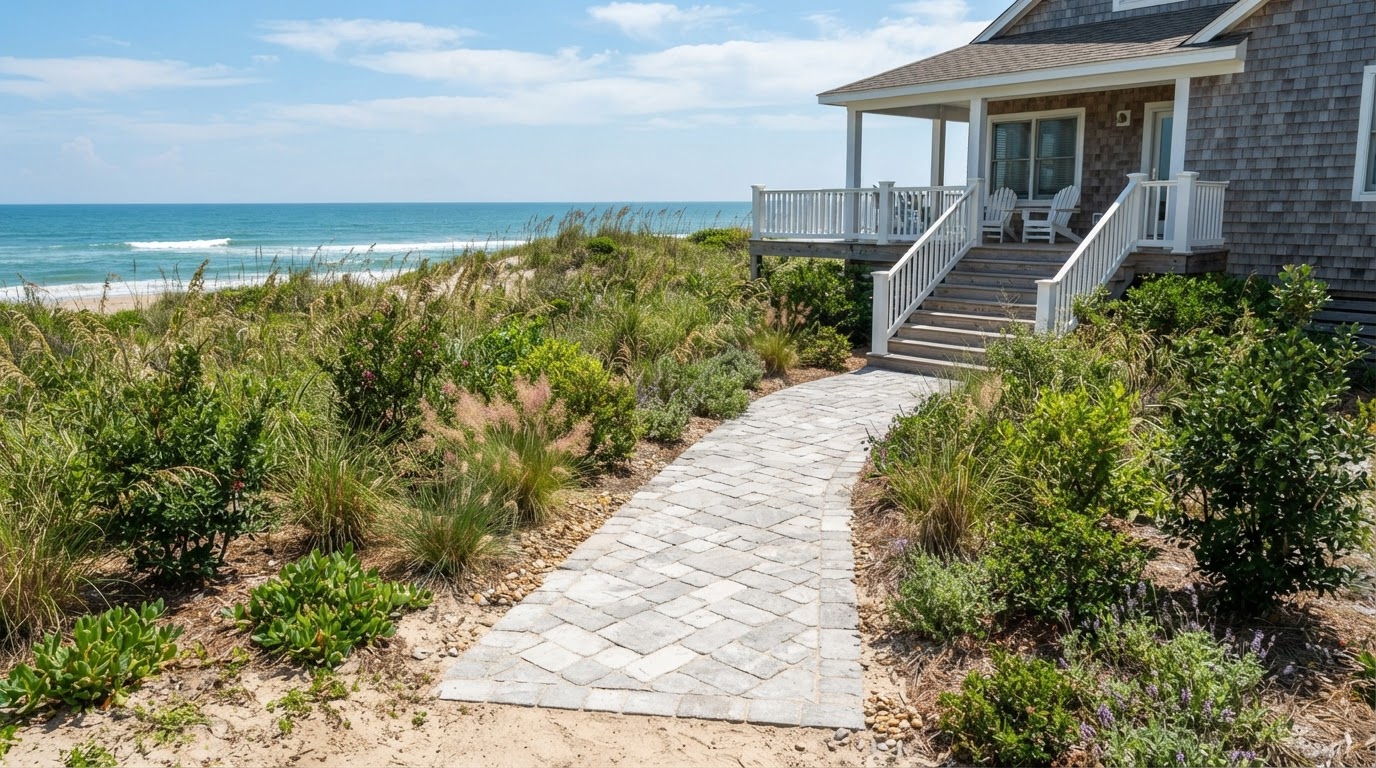 Completed Emerald Isle oceanfront landscaping job with salt-tolerant plants and dunes