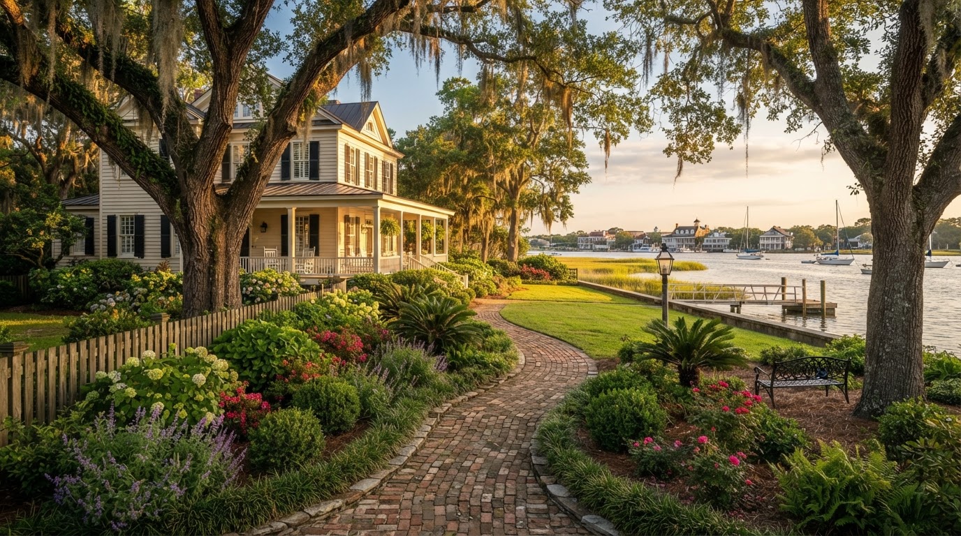 Completed Beaufort historic waterfront landscaping job with heritage trees and Taylor's Creek