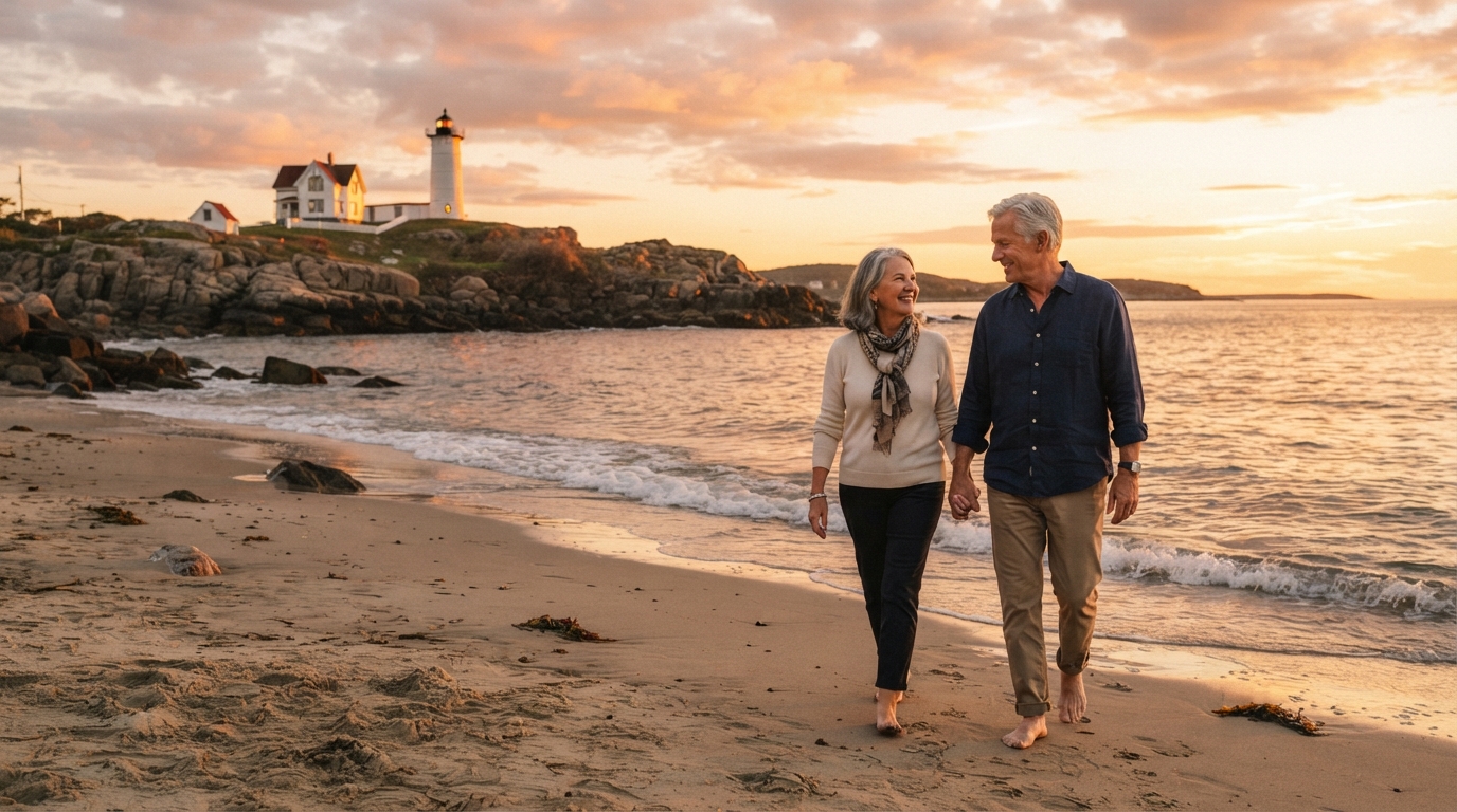 Mature couple walking on a New England beach near a lighthouse at sunset