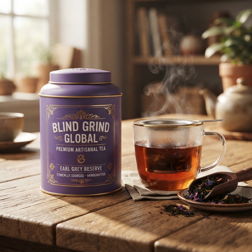 Premium tea tin with purple Blind Grind Global labeling beside a glass cup of hot tea