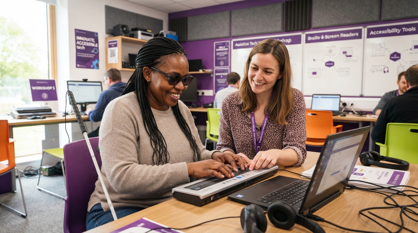 Instructor assisting a blind adult using accessible assistive technology in a workshop setting