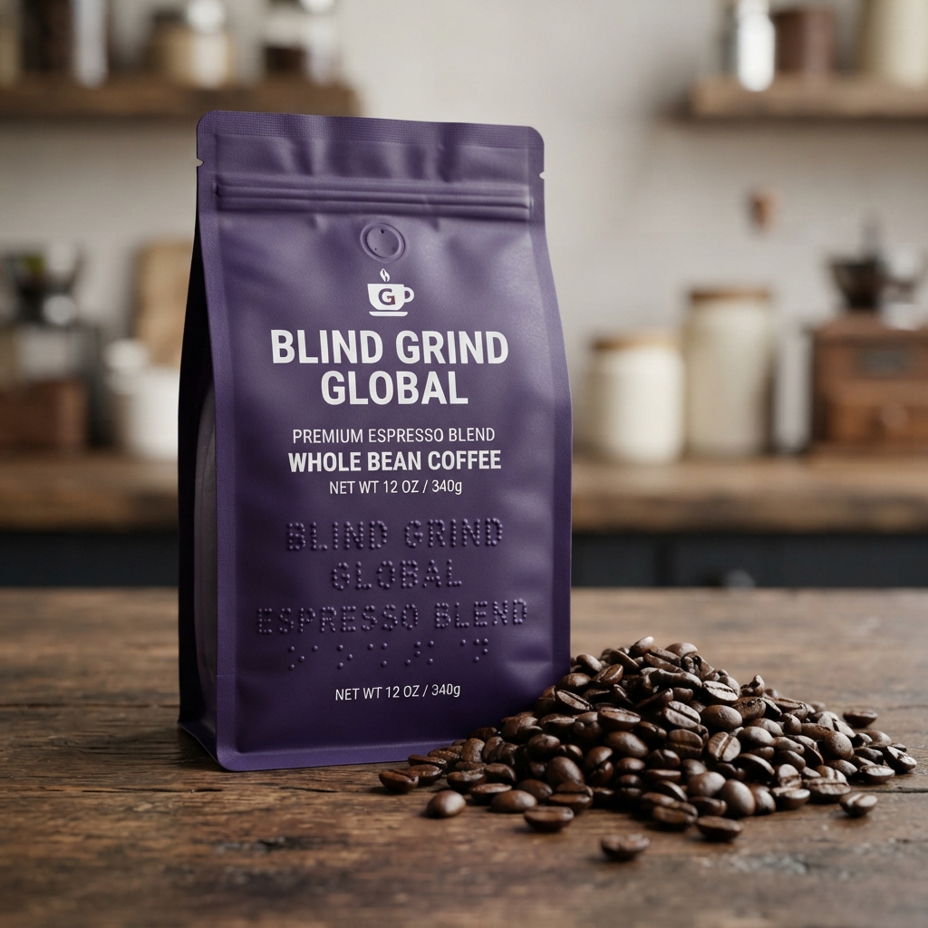 Matte dark purple coffee bag labeled Blind Grind Global with tactile Braille next to roasted coffee beans
