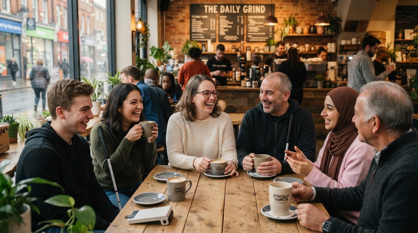 Members of the blind and visually-impaired community sharing coffee and connecting in a warm sunlit space