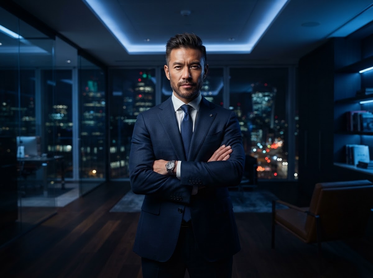 Business owner in suit and tie using AI marketing tools