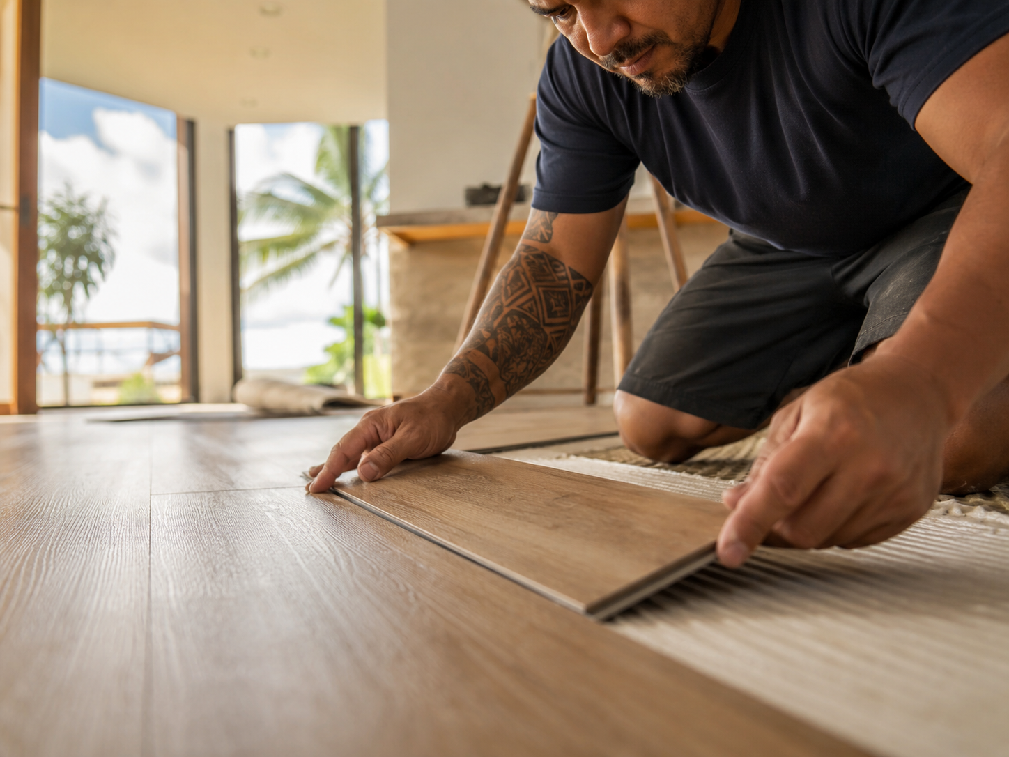 Contractor installing luxury vinyl flooring